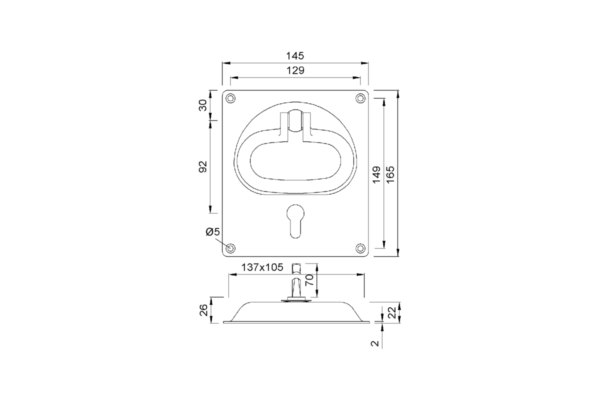 Product drawing KWS Flush handle 5164 / 5165 / 5166 / 5167