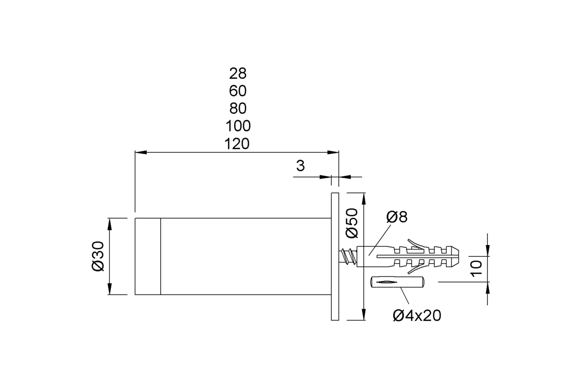 Product drawing KWS Door buffer 2069 / 2074 / 2075 / 2076 / 2077