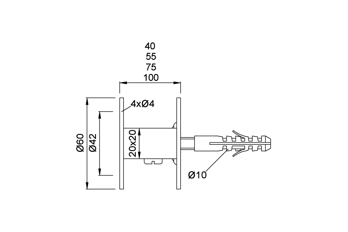 Product drawing KWS Handrail support 4503 / 4505 / 4507 / 4543