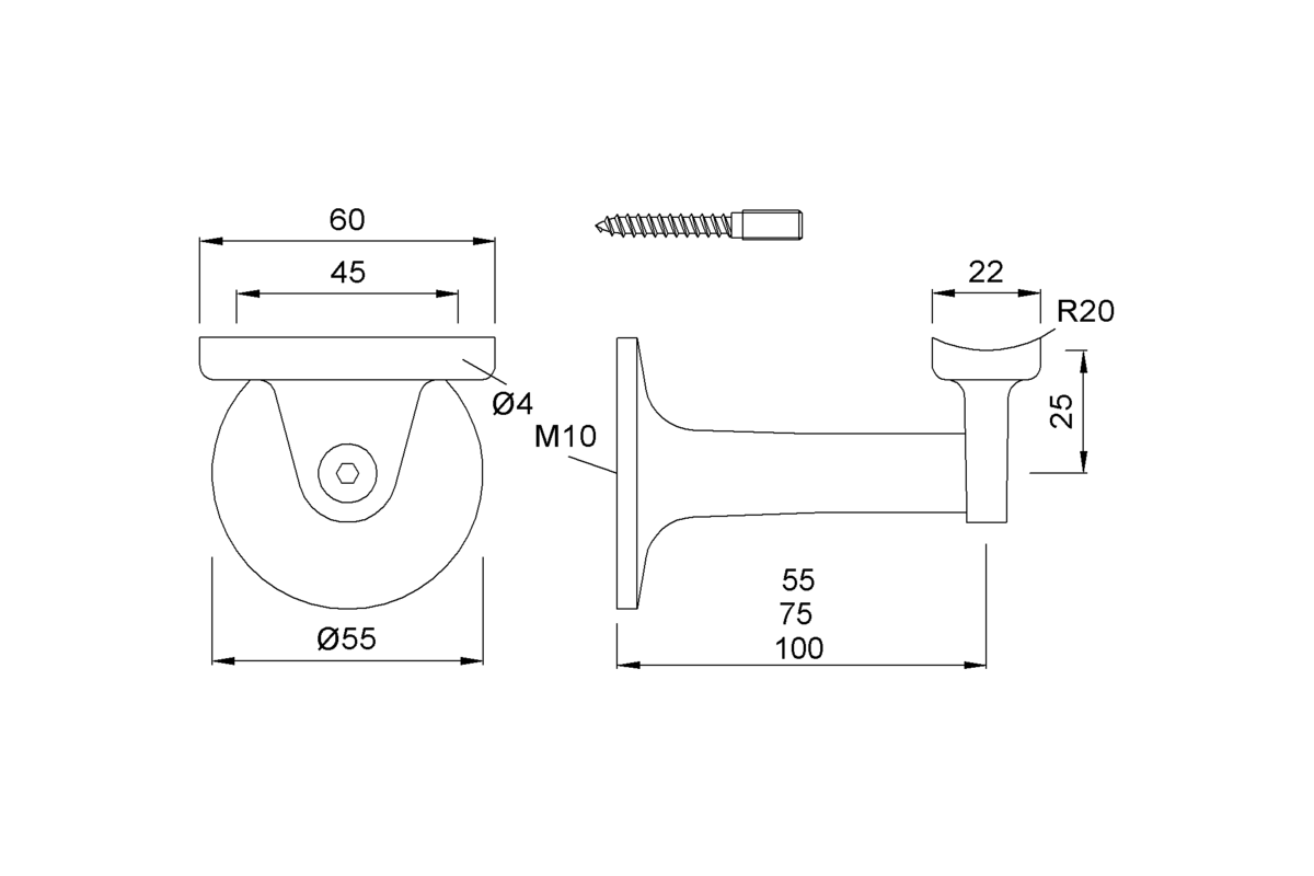 Product drawing KWS Handrail support 4530 / 4531 / 4532