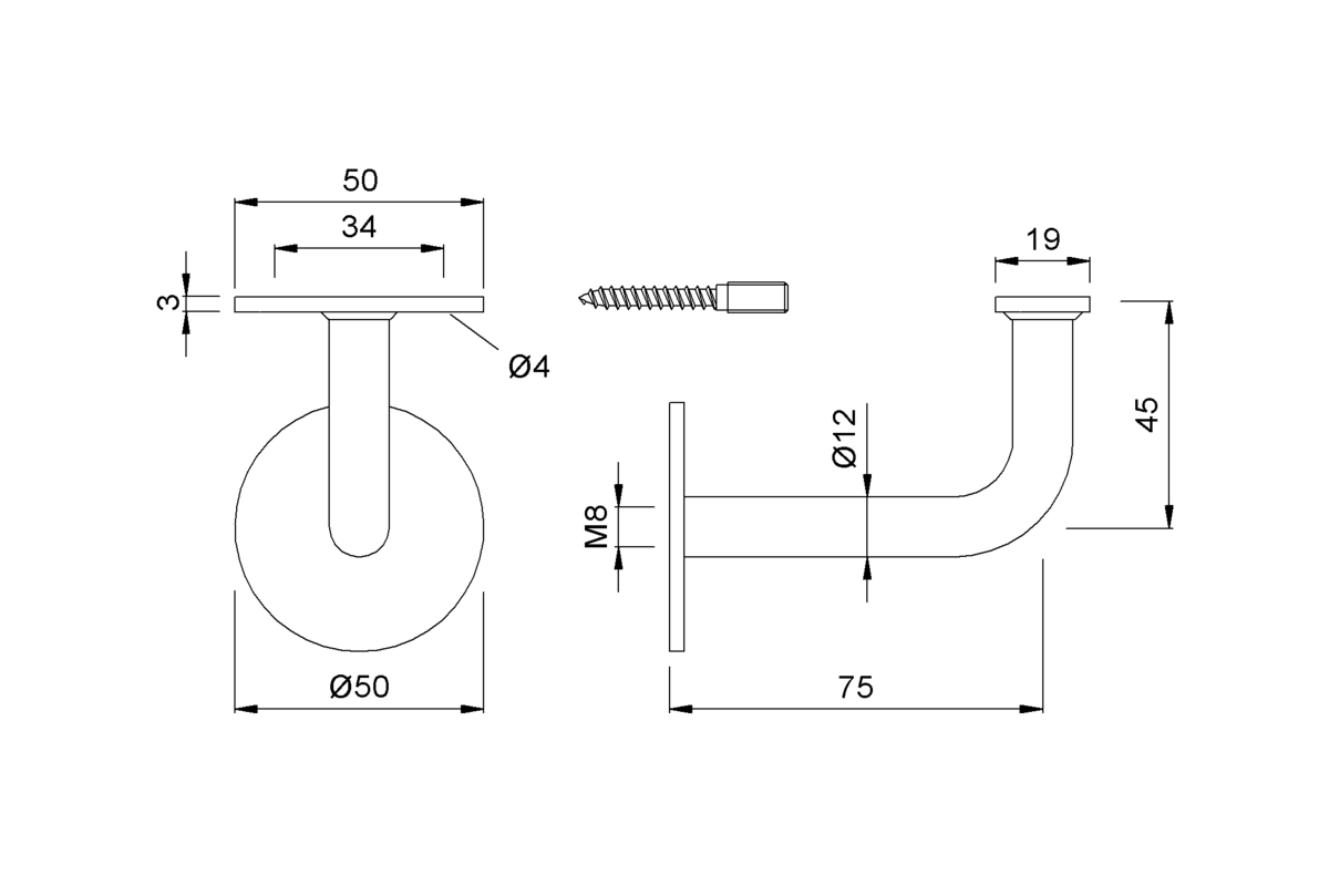 Product drawing KWS Handrail support 4571