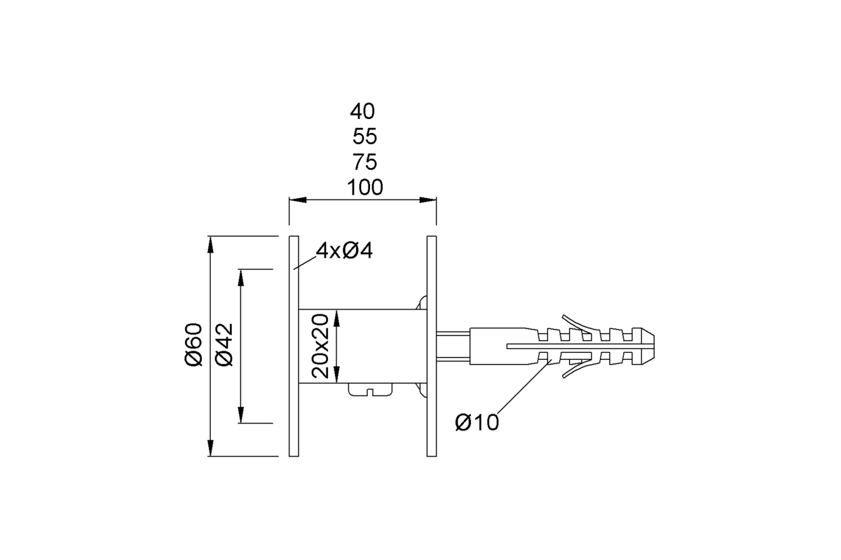 Product drawing KWS Handrail support 4503 / 4505 / 4507 / 4543