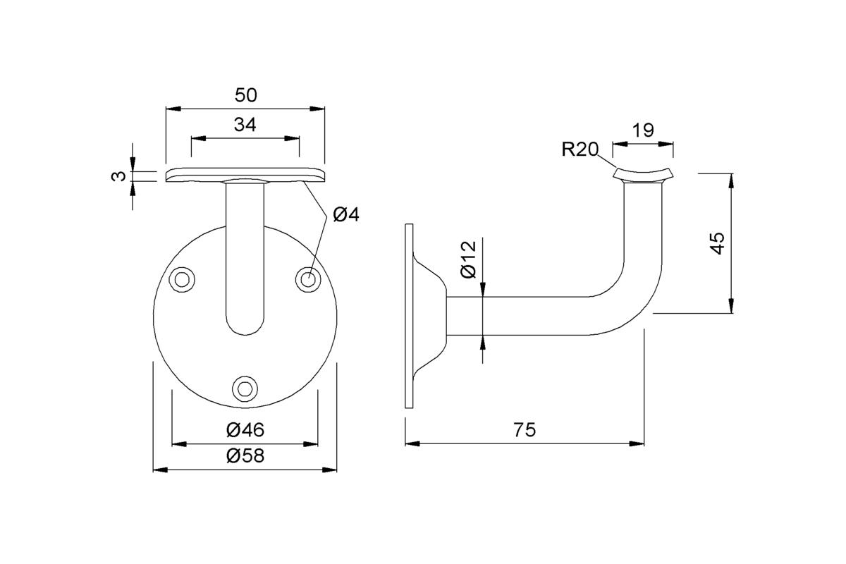 Product drawing KWS Handrail support 4524