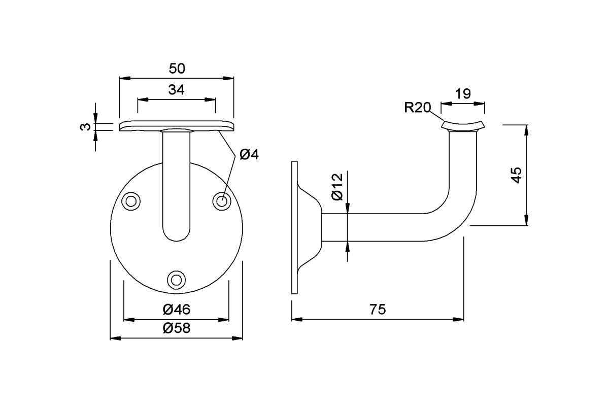 Product drawing KWS Handrail support 4524
