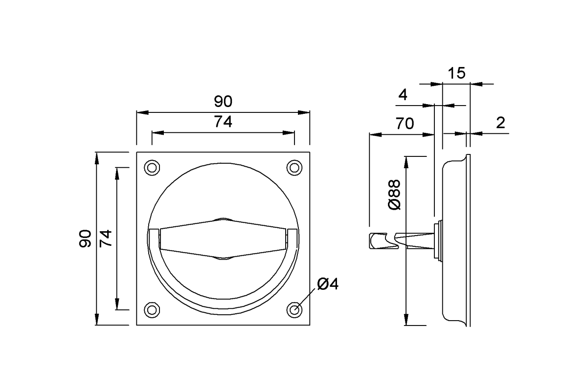 Product drawing KWS Flush handle 5016 / 5017 / 5019 / 5020 / 5022 / 5023 / 5116 / 5117