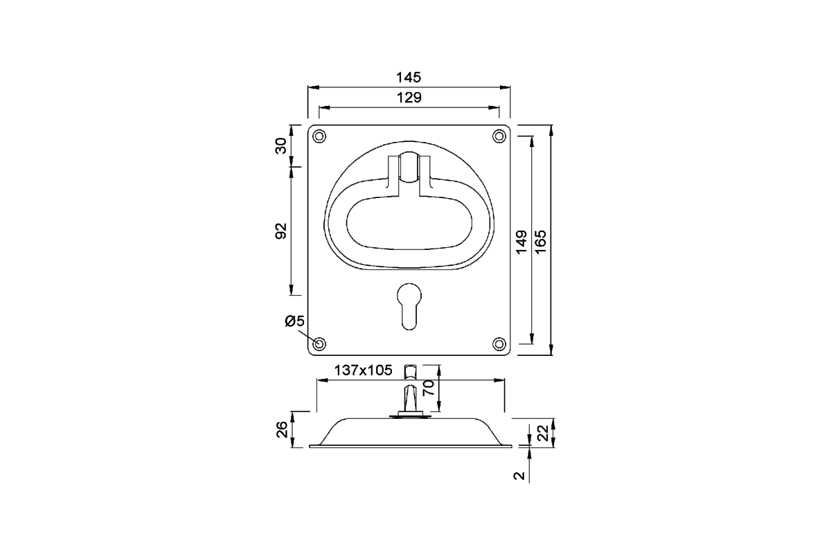 Product drawing KWS Flush handle 5164 / 5165 / 5166 / 5167