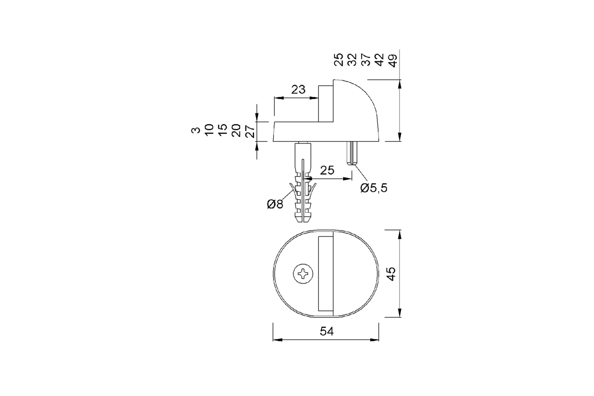 Product drawing KWS Door buffer 2080 / 2082 / 2084 / 2086 / 2088