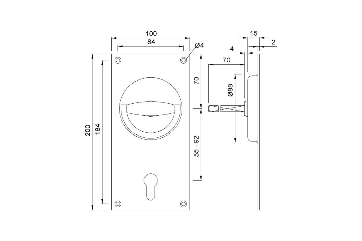 Product drawing KWS Flush handle 5004 / 5005 / 5007 / 5008 / 5010 / 5011 / 5104 / 5105