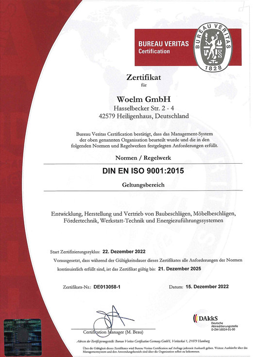 Zertifizierung der Woelm GmbH nach der Prüfungsnorm DIN EN ISO 9001:2015 (Qualitätsmanagement)
