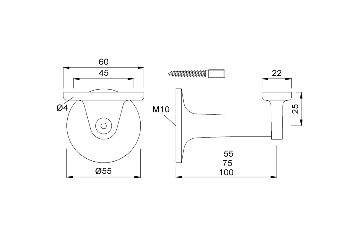 Product drawing KWS Handrail support 4536 / 4537 / 4538