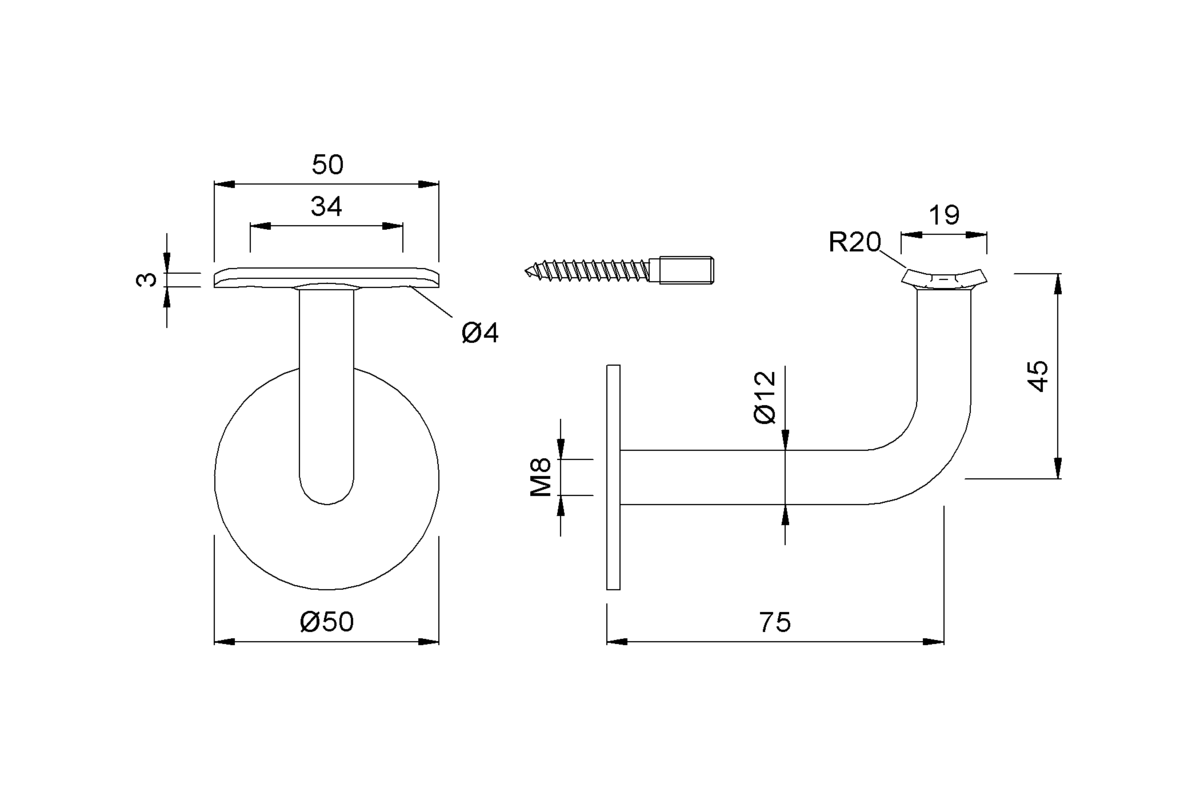 Product drawing KWS Handrail support 4570