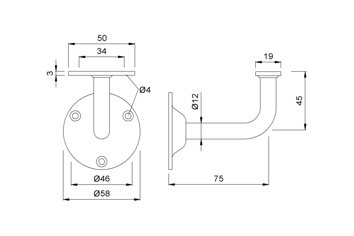 Product drawing KWS Handrail support 4525