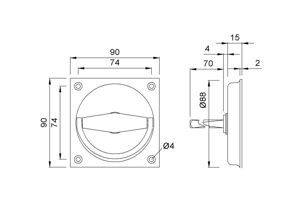 Product drawing KWS Flush handle 5016 / 5017 / 5019 / 5020 / 5022 / 5023 / 5116 / 5117