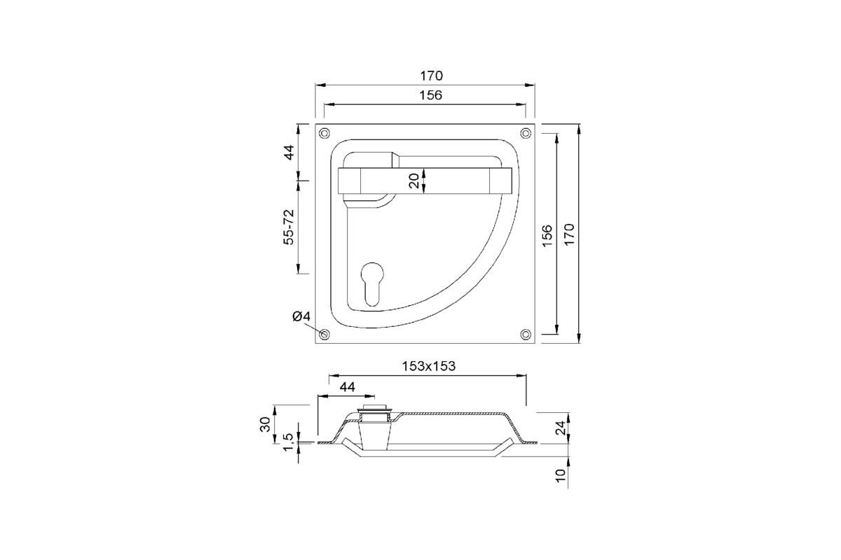 Product drawing KWS Flush handle 5061 / 5062 / 5064 / 5065 (stainless steel finish)