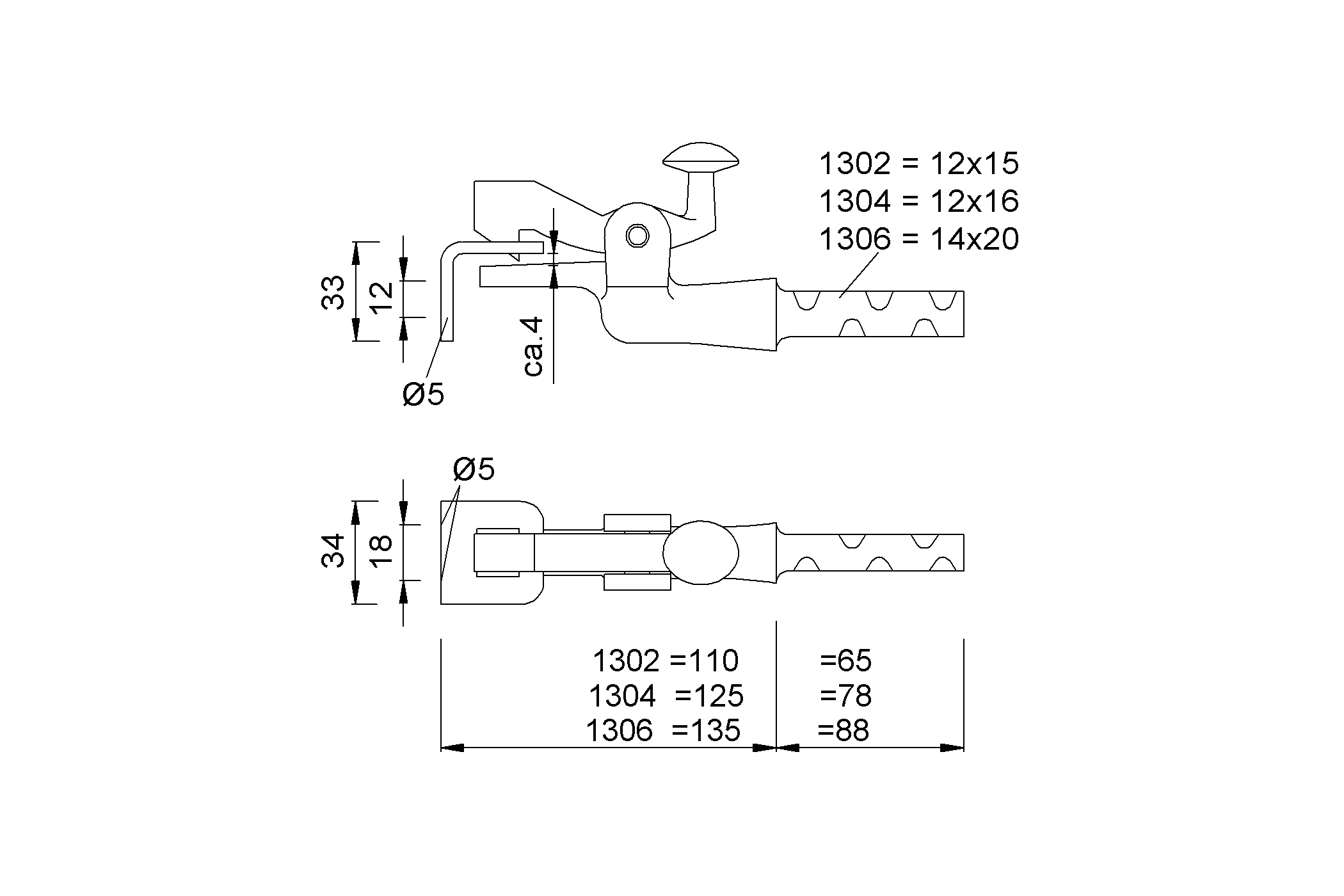 Product drawing KWS Door holder 1302 / 1304 / 1306