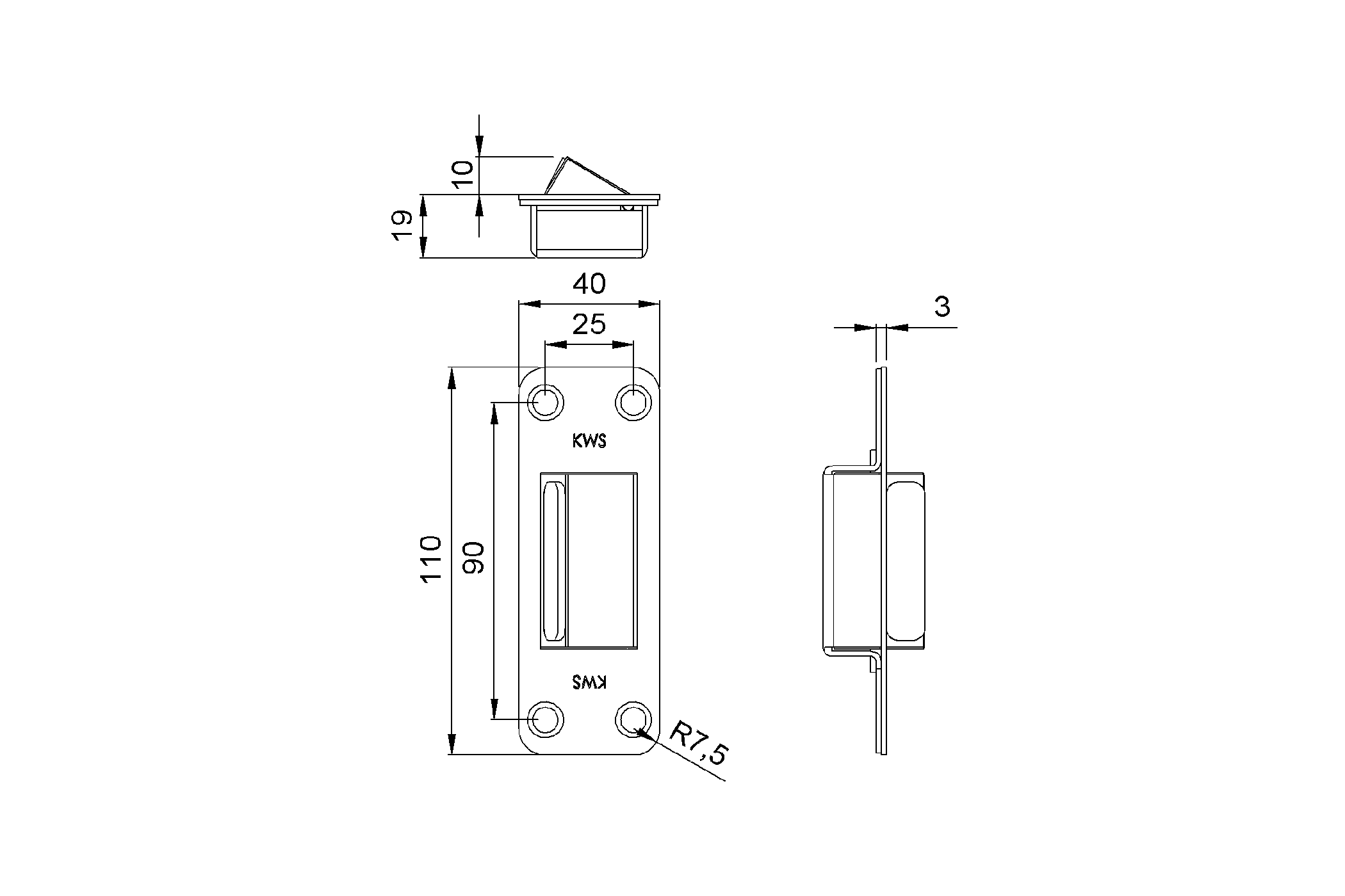 Product drawing KWS Door hinge 6251